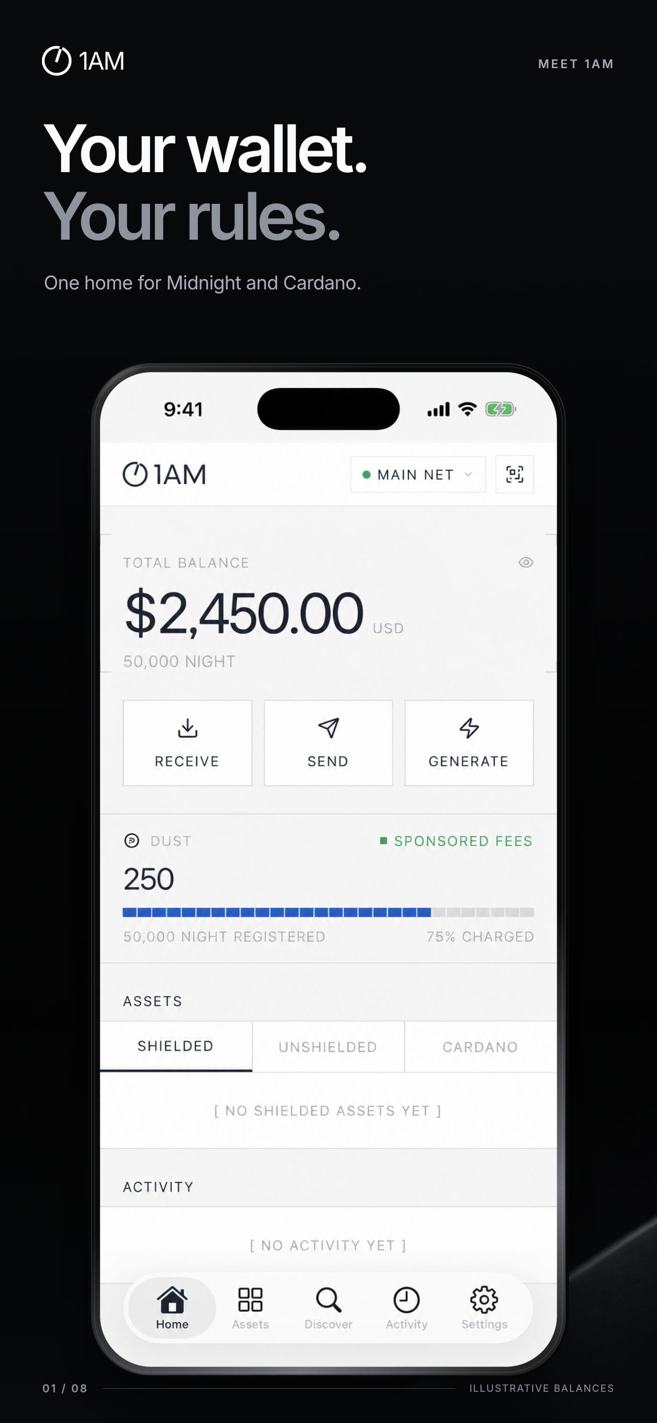 1AM mobile wallet home screen in the light theme, from its App Store preview